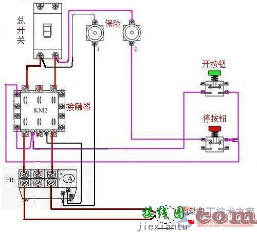 求一份220v交流接触器与热继电器水泵的实物接线图  第1张