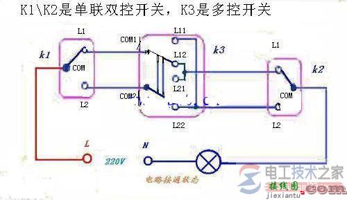 电灯三开三控线路的接线图  第1张