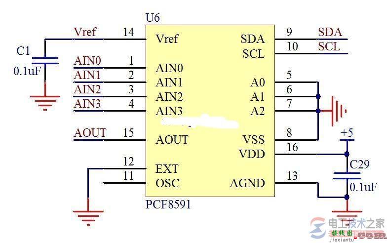 pcf8591硬件接口电路原理图的接线方法  第1张