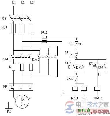 定子绕组串接电阻降压起动的电气原理接线图  第1张