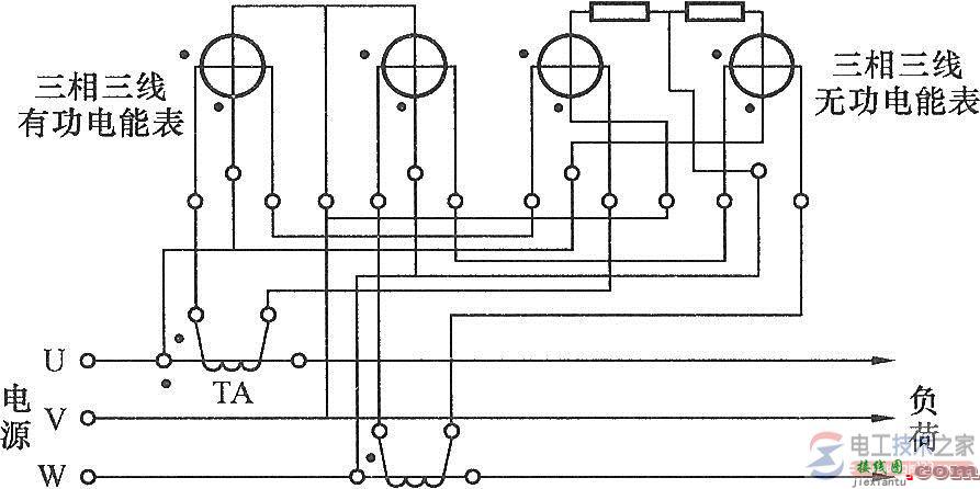 三相三线两元件有功、无功电能表附电流互感器的接线图  第1张