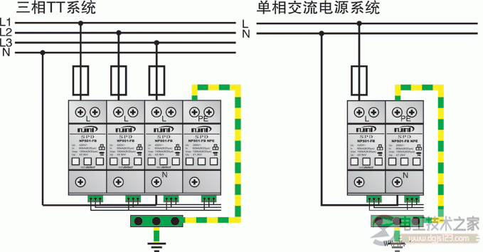 浪涌保护器接线图接线方式与安装注意事项  第1张