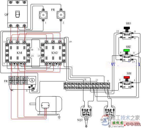 电动机接线图：电动机可逆带限位控制电路的实物接线图  第1张