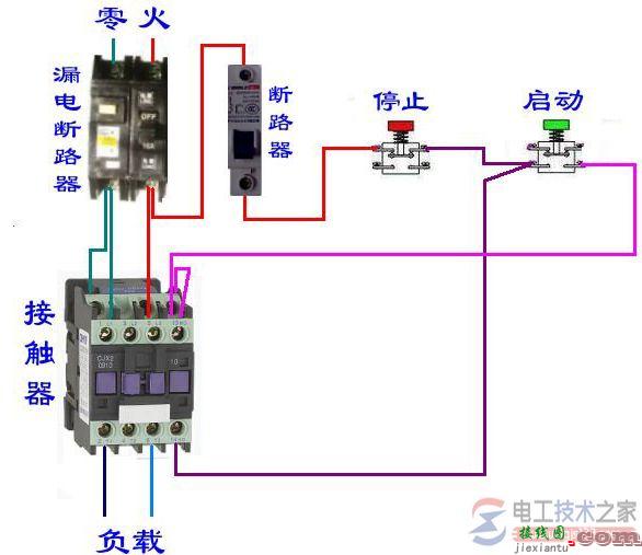 交流接触器与漏电断路器启动停止的接线图  第1张