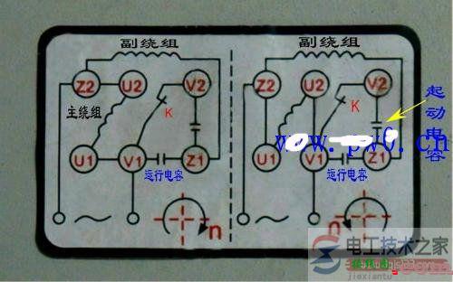 单相双电容电机正反转的接线图  第1张