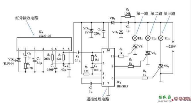 遥控电路图（照明灯多路红外遥控电路/红外遥控开关电路/航模遥控开关电路）  第1张