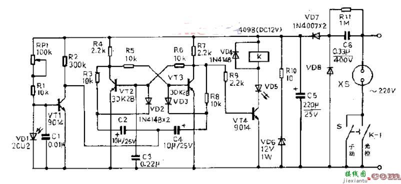 三极管组成的光控开关电路原理图_四款光控开关电路图  第1张