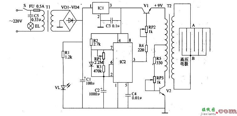 高压脉冲发生器电路图大全（六款等效电路/电子灭虫灯/脉冲发生器产生）  第5张