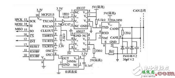 MCP2515多路CAN总线接口电路设计图  第1张