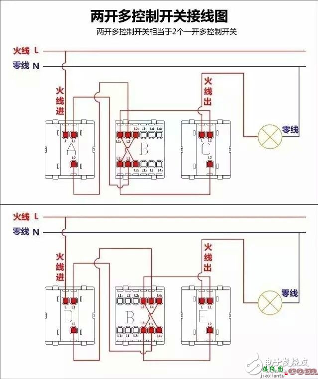 一开多控开关接线图_三控开关接线图_多控开关实物接线图  第4张