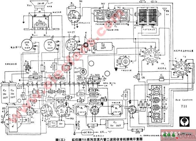 红灯牌711系列交流六管二波段收音接线示意图  第1张