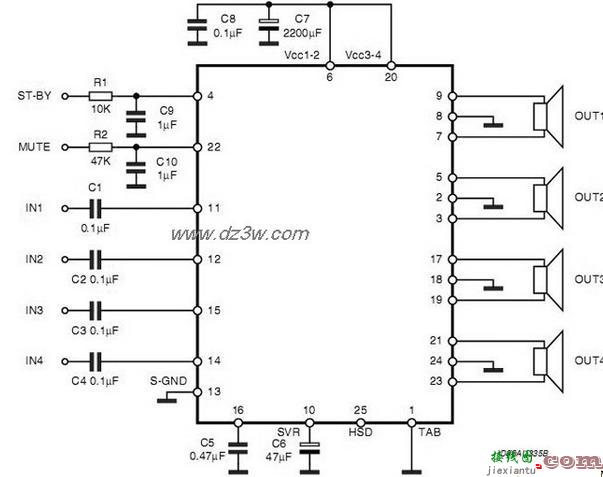 基于TDA7388 IC四声道系列功放电路图  第1张