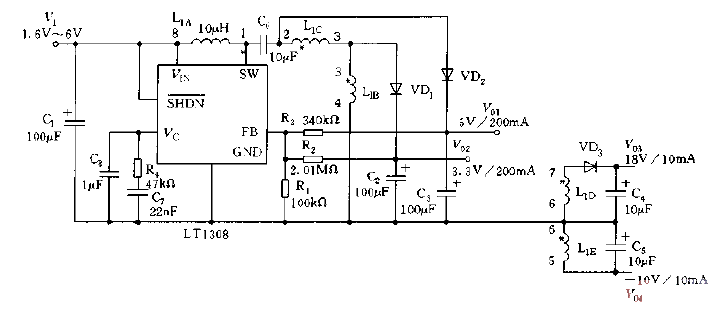 采用LT1308构成的数字相机的多路电源电路图  第1张