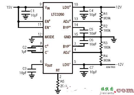 单端15V输入电源的低噪声±12V电源电路图  第1张