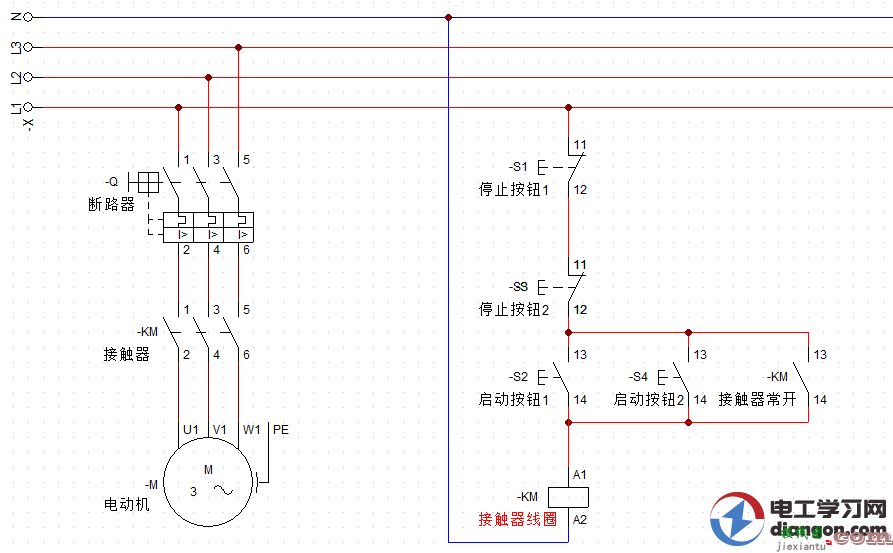 两地控制的电机启动停止电路图原理详解  第1张