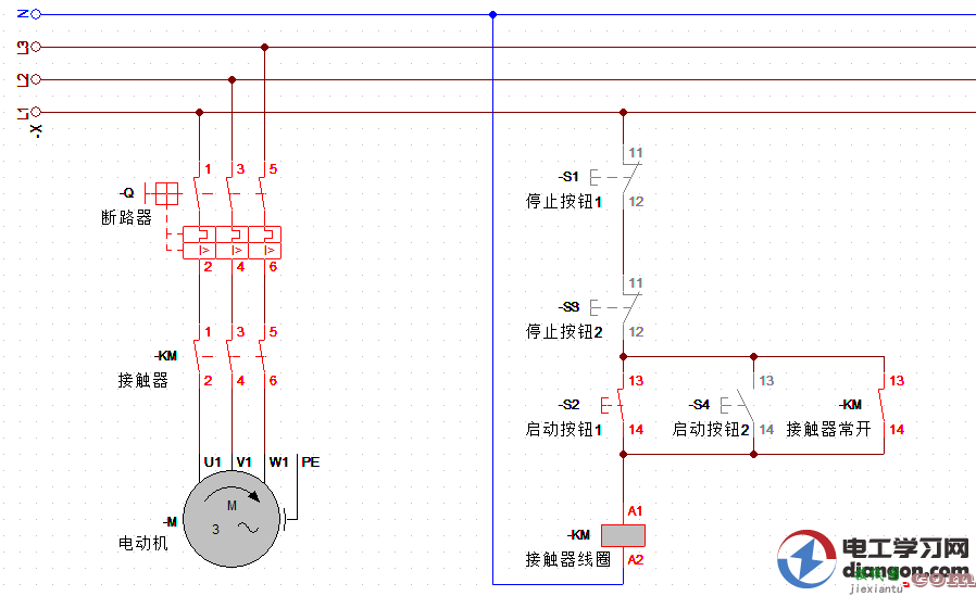 两地控制的电机启动停止电路图原理详解  第2张