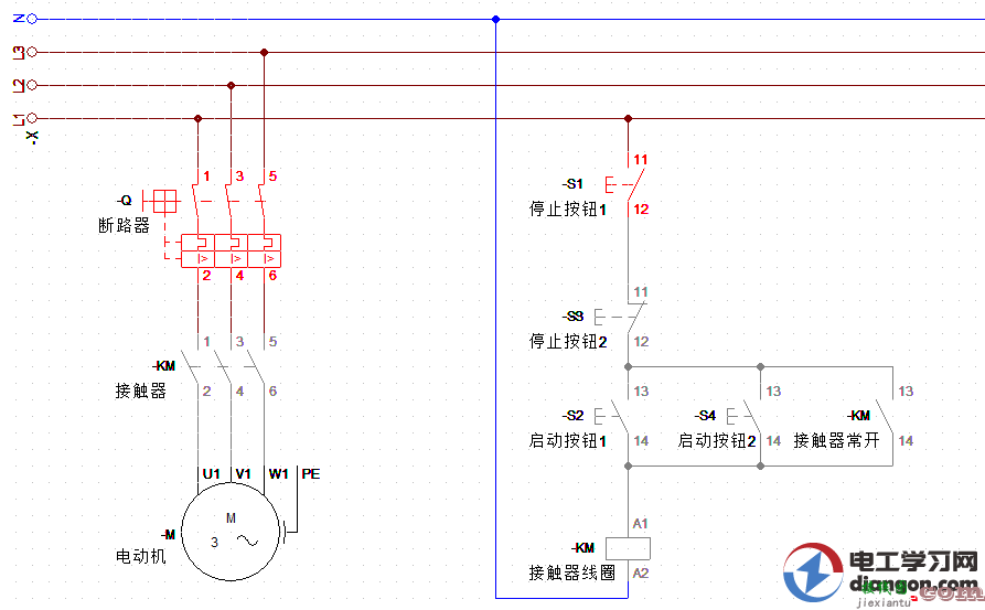 两地控制的电机启动停止电路图原理详解  第6张