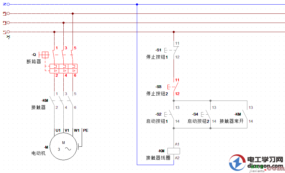 两地控制的电机启动停止电路图原理详解  第4张