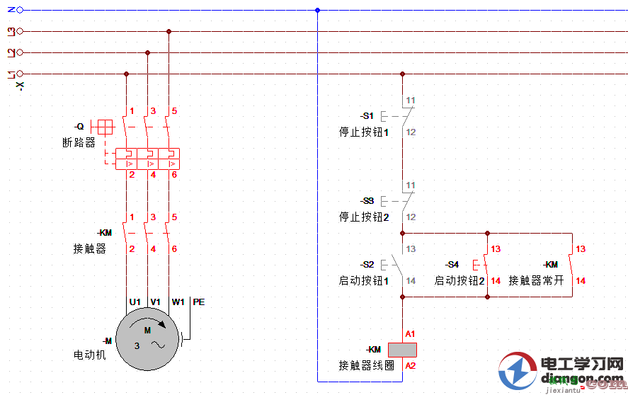 两地控制的电机启动停止电路图原理详解  第5张