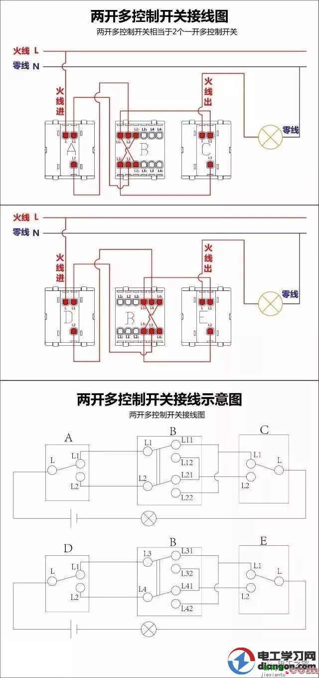 家装电工最全开关接线图,单控、双控、三控，赶紧收藏！  第12张