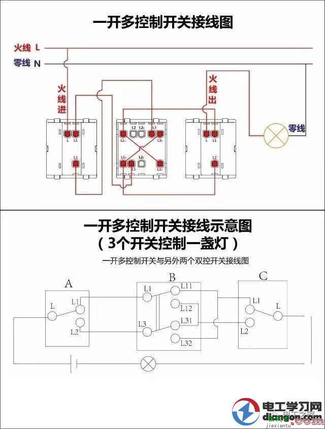 家装电工最全开关接线图,单控、双控、三控，赶紧收藏！  第11张