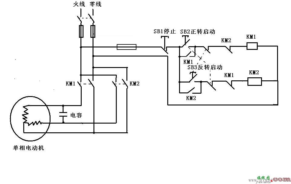 单相电动机正反转 接触器接线图  第1张