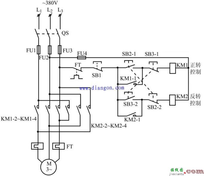 由连锁按钮开关构成的正、反转控制电路原理图解  第1张