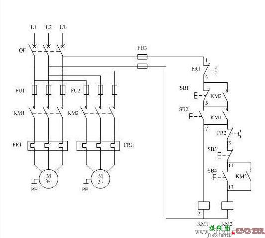 两台电动机顺序启动 顺序停止电路  第1张