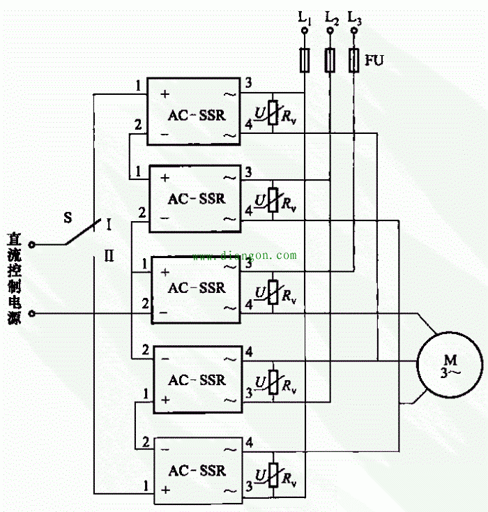 三相电机固态继电器正反转控制电路图  第1张