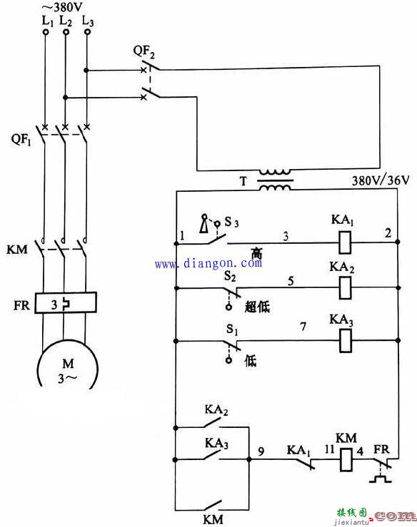 用二个浮球阀控制三相潜水泵的电路图原理  第1张