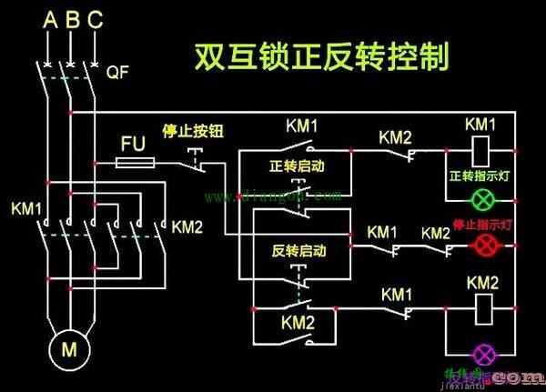 交流接触器控制电动机正反转及正转、反转、停止三种状态指示灯电路图  第1张