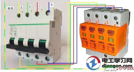 三相四线制漏电保护器和浪涌保护器实物接线图  第1张