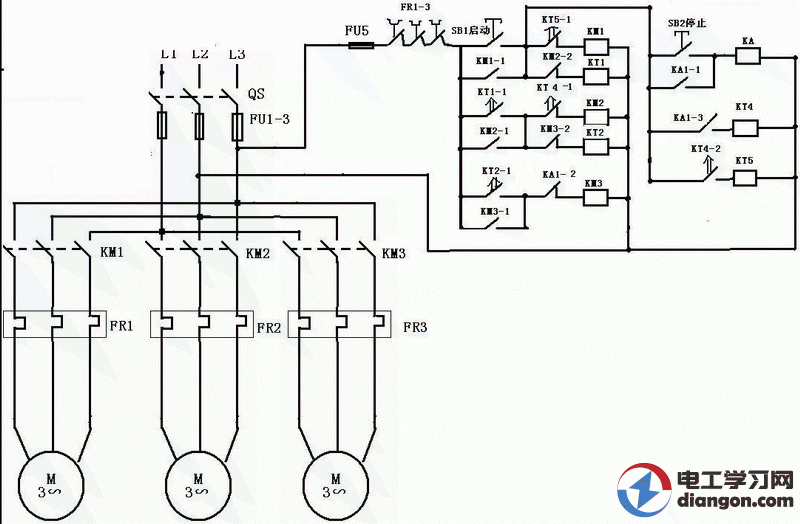 三台电机顺序启动逆序停止动作电路图原理  第1张