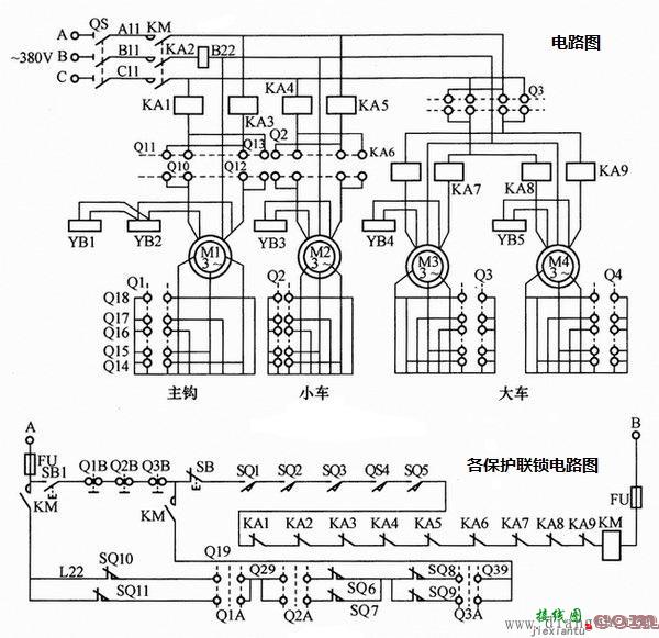 凸轮控制器直接控制的10t桥式起重机电路图  第1张