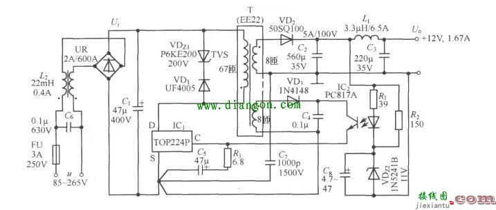 TOP224P构成的12V、20W开关直流稳压电源电路  第1张