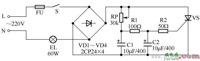 简单的晶闸管调光灯电路图  第1张