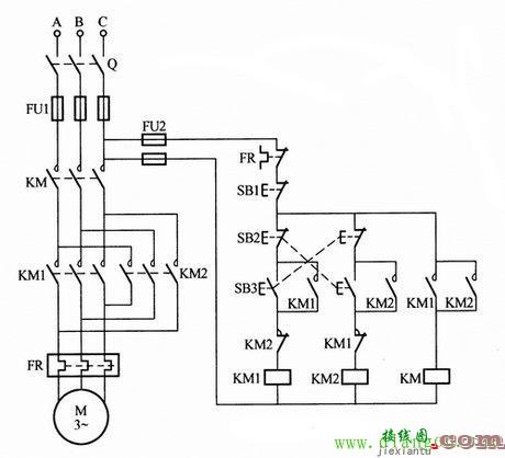 三相电机使用三个接触器正反转控制回路电路原理图解  第1张