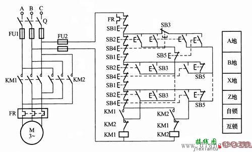 电动机多地正反转启动、停止、点动控制电路图  第1张