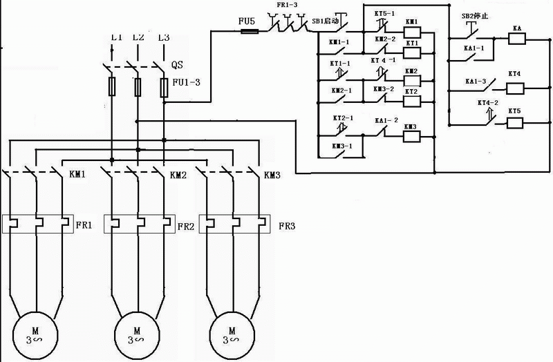 三台电机顺序启动逆序停止电路  第1张