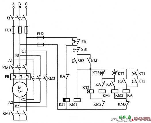 中间继电器与时间继电器延时转换星三角降压启动电路图  第1张