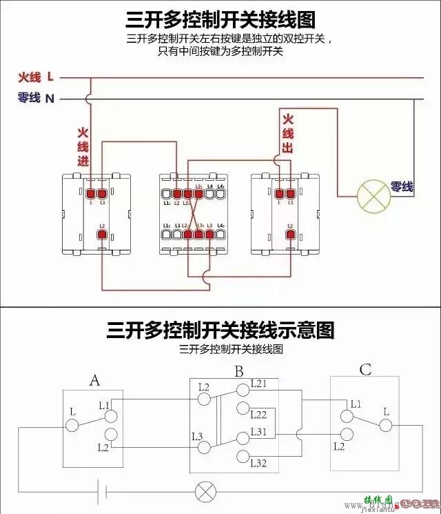 三开多控开关实物接线图  第1张