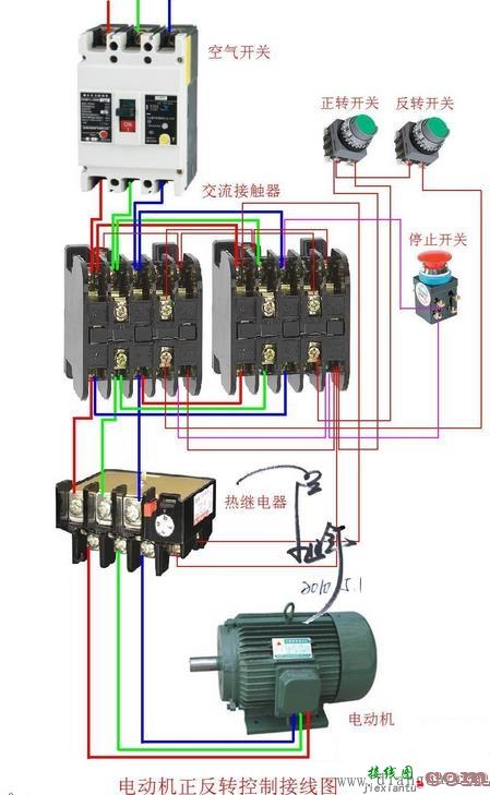 三相电动机正反转接触器互锁实物接线图  第1张