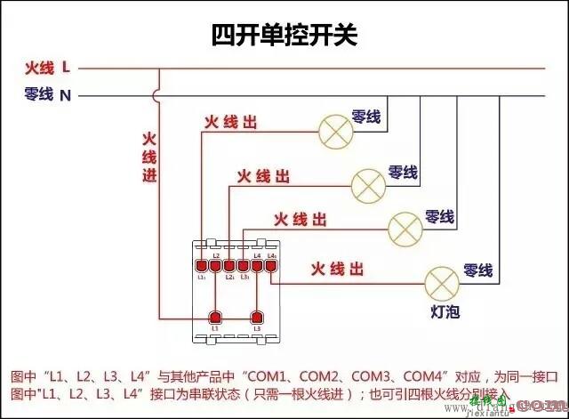 四开单控开关实物接线图  第1张