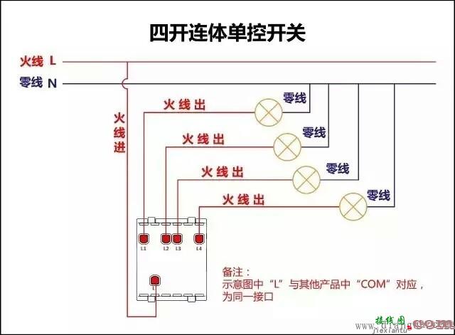 四开连体单控开关实物接线图  第1张