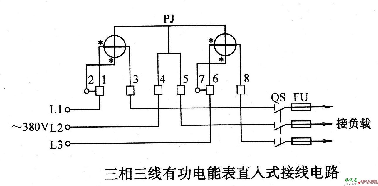 三相三线有功电能表直入式接线电路  第1张