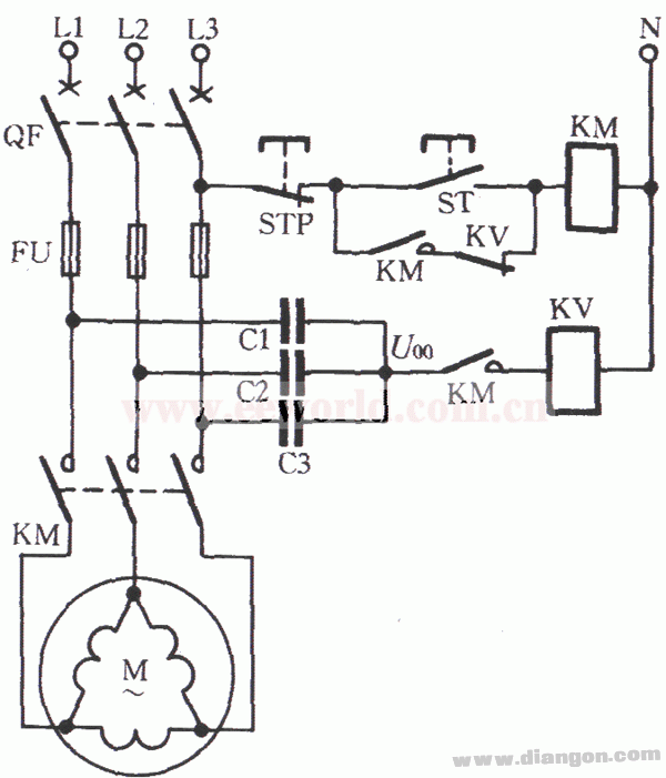 接法电动机断相用电压继电器保护电路图