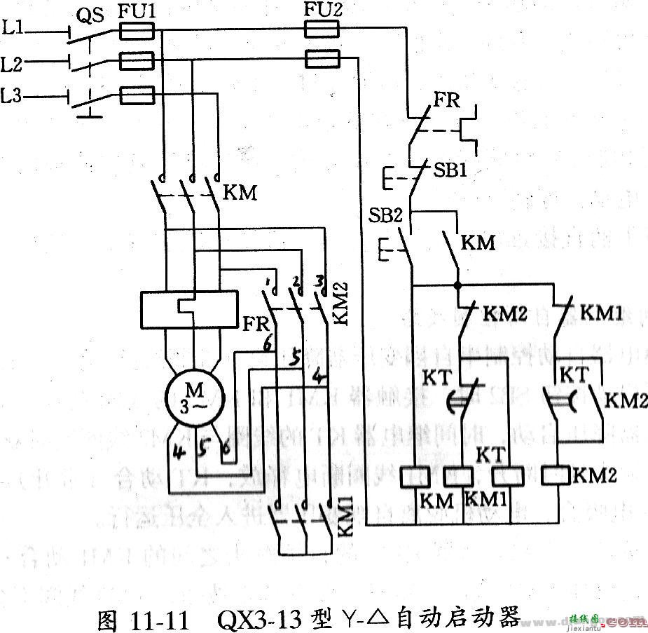 Y-△（星三角）降压启动控制线路-接触器应用接线图  第1张