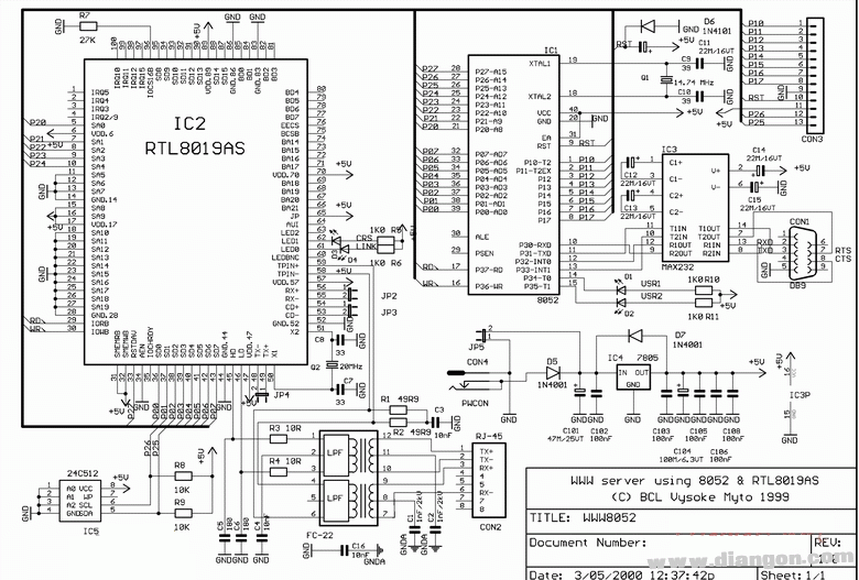 8052单片机控制RTL8019网卡的电路图  第1张