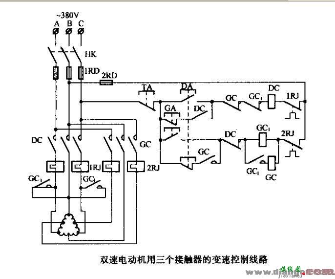 双速电动机用三个接触器的变速线路电路图  第1张