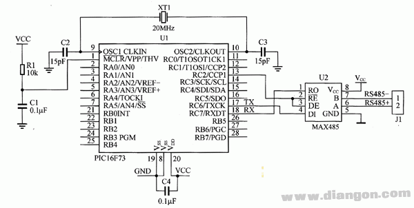 PIC16F73与MAX485接口的电路原理图  第1张